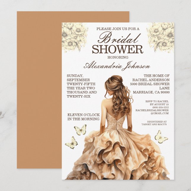 Elegant Gold Bridal Shower Fancy Dress Invitations (Front/Back)