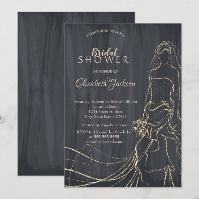 Elegant Gold Bride,Black Bridal Shower Invitation (Front/Back)