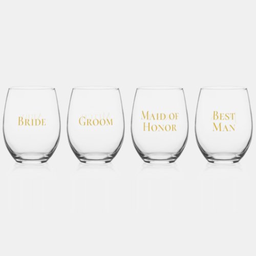 Elegant Gold Bride Groom Maid of Honor Best Man Stemless Wine Glass