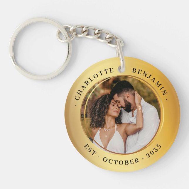 Elegant Gold Bride Groom Photo Wedding Keepsake Keychain (Front)