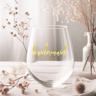 Elegant Gold Bridesmaid Calligraphy Gift Stemless Wine Glass