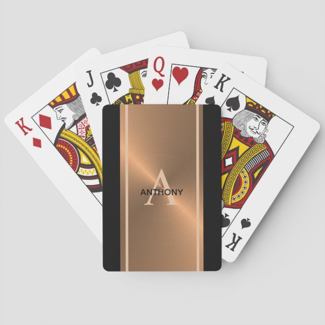 Elegant Gold Bronze Black Monogram Name Poker Cards (Back)