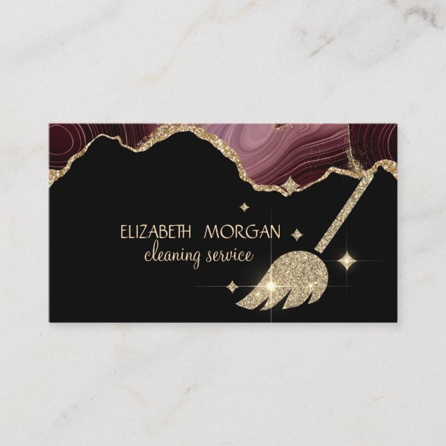 Elegant Gold Broom, Maid Cleaning Burgundy Agate Business Card (Front)