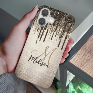 Elegant gold brown drips glitter monogram Case-Mat iPhone 16 Case