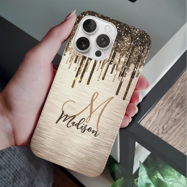 Elegant gold brown drips glitter monogram Case-Mate iPhone case (Creator Uploaded)