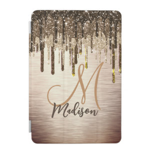 Elegant gold brown drips glitter monogram iPad mini cover