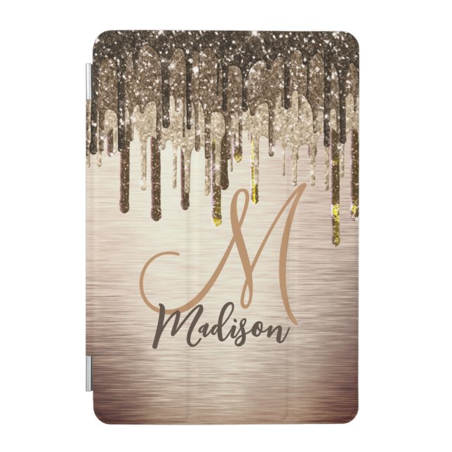 Elegant gold brown drips glitter monogram iPad mini cover (Front)