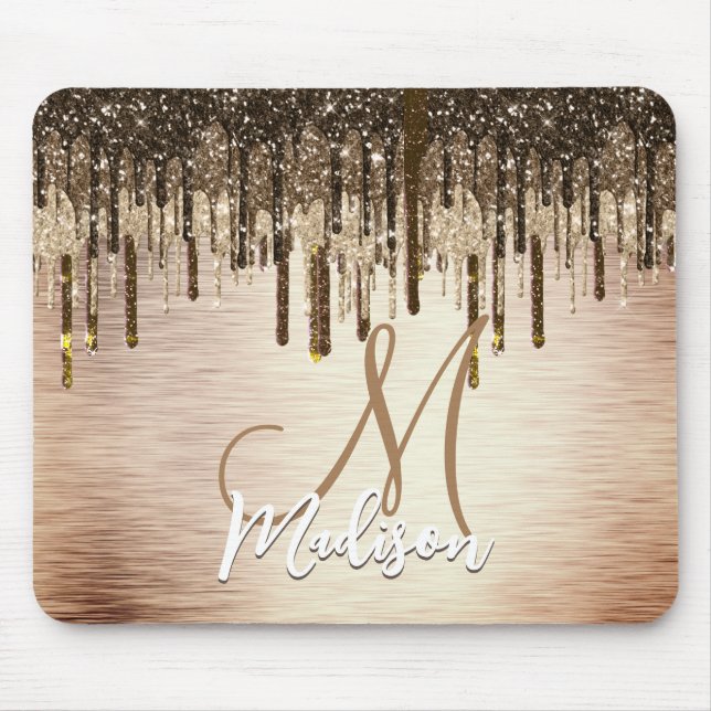 Elegant gold brown drips glitter monogram mouse pad (Front)