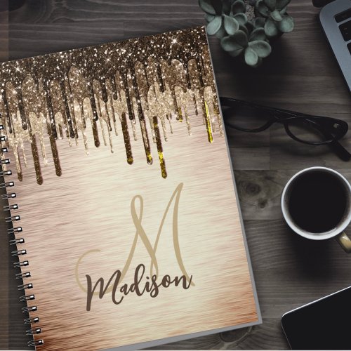 Elegant gold brown drips glitter monogram notebook