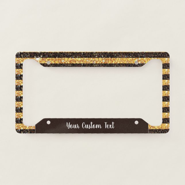 Elegant Gold Brown Glitter Stripes Personalized License Plate Frame (Front)