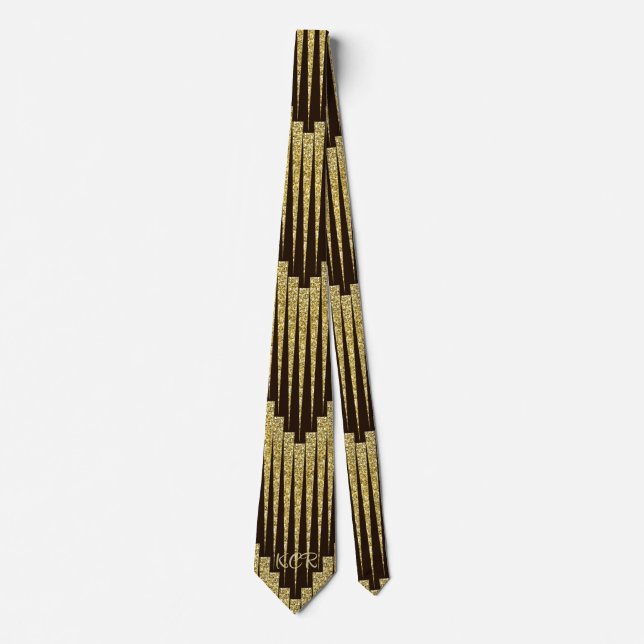 Elegant Gold Brown Ornamental Pattern Initials Neck Tie (Front)