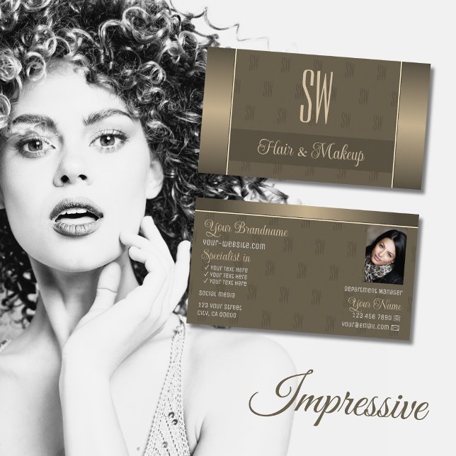 Elegant Gold Brown Stylish with Monogram and Photo Business Card (Creator Uploaded)