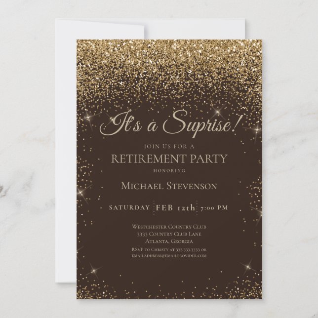 Elegant Gold Brown Surprise Retirement Party Invitation (Front)
