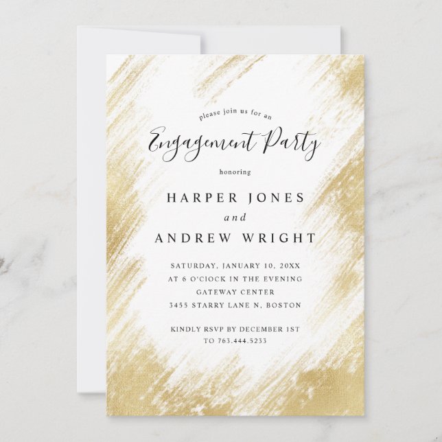 Elegant Gold Brush Stroke Engagement Party Invitation (Front)