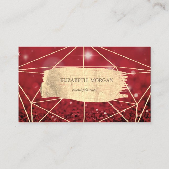 Elegant Gold Brush Stroke Geometric Red Bokeh Business Card (Front)