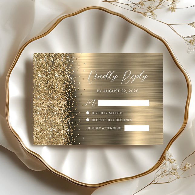 Elegant Gold Brushed Metal Glitter Script Wedding RSVP Card (Creator Uploaded)