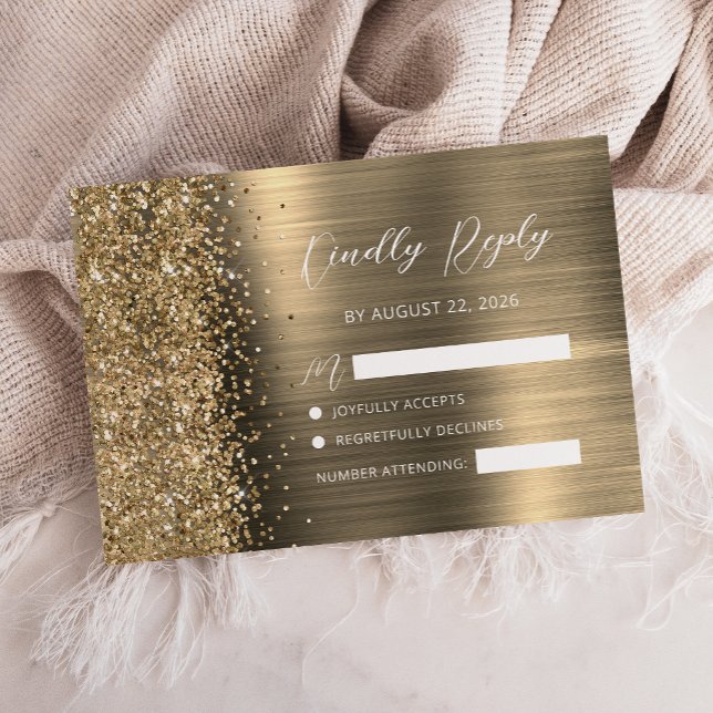 Elegant Gold Brushed Metal Glitter Script Wedding RSVP Card (Creator Uploaded)