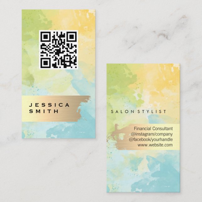 Elegant Gold Brushed | QR Code | Watercolor Business Card (Front/Back)