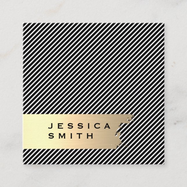 Elegant Gold Brushed Stripes / Black Square Business Card (Front)