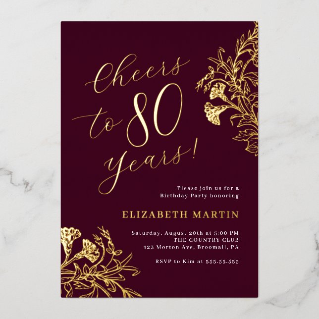 Elegant Gold Burgundy 80th Birthday  Foil Invitation (Front)