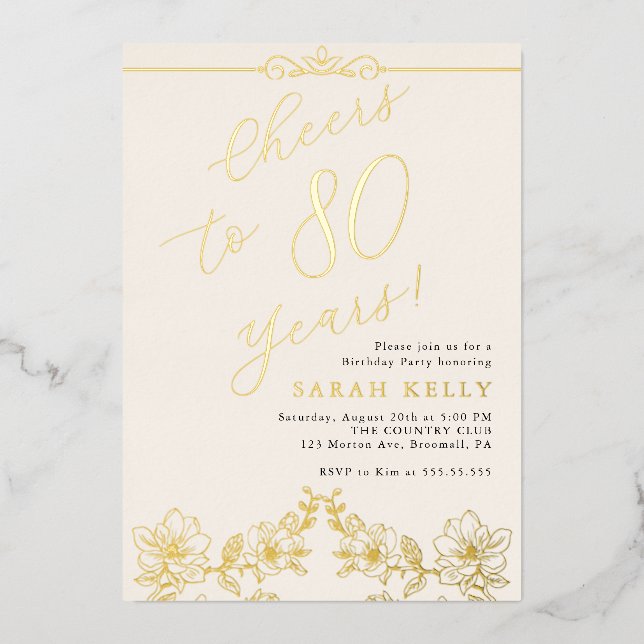 Elegant Gold Burgundy 80th Birthday  Foil Invitation (Front)