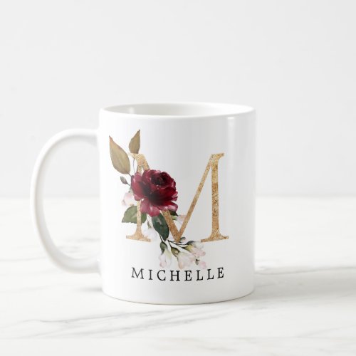 Elegant Gold Burgundy and Blush Flowers Letter M Coffee Mug