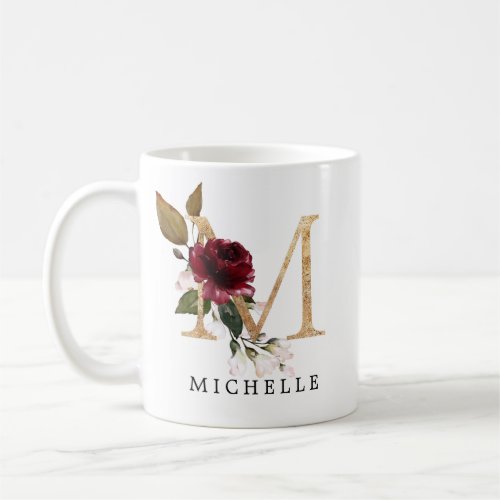 Elegant Gold Burgundy and Blush Flowers Letter M Coffee Mug