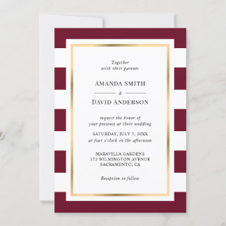 Elegant Gold Burgundy and White Striped Wedding Invitation