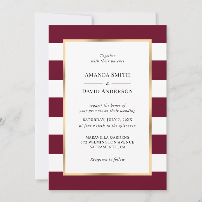 Elegant Gold Burgundy and White Stripes Wedding Invitation (Front)