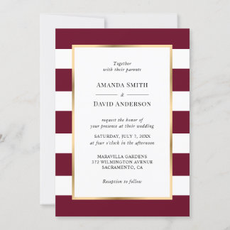 Elegant Gold Burgundy and White Stripes Wedding Invitation