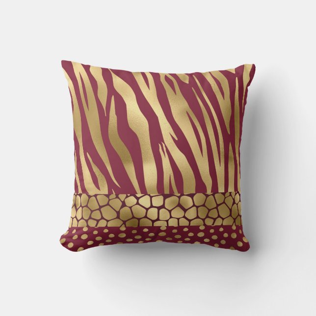 Elegant Gold Burgundy Animal Print Stylish Throw Pillow (Front)