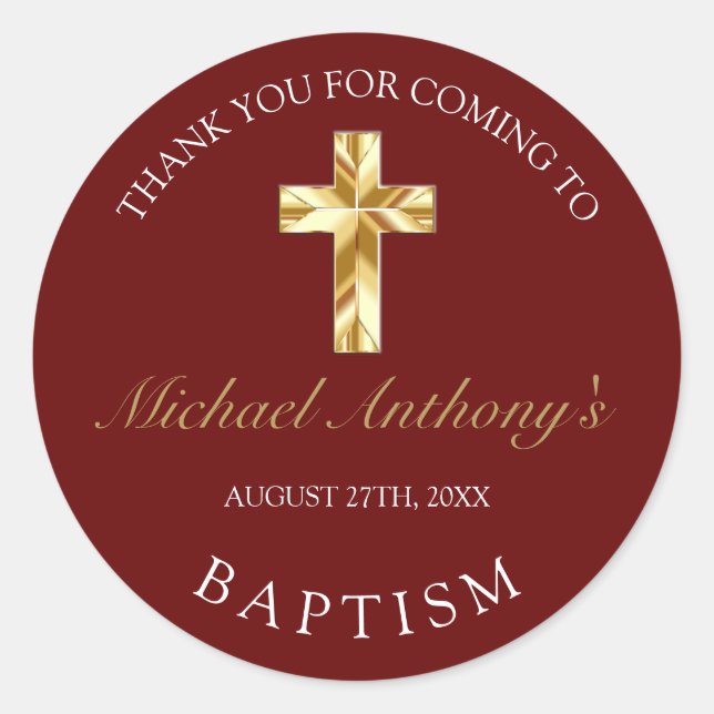 Elegant Gold Burgundy Baby Baptism Thank You Classic Round Sticker (Front)