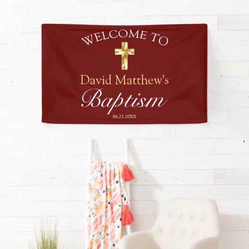 Elegant Gold Burgundy Baby Baptism Welcome Banner