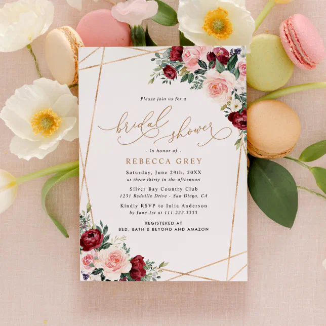 Elegant Gold Burgundy Blush Floral Bridal Shower Invitation | Zazzle