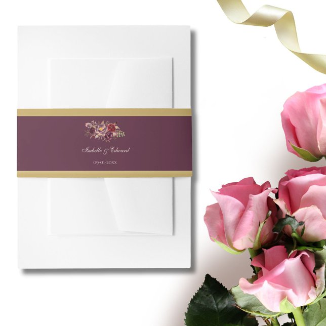 Elegant Gold Burgundy &  Blush Roses Wedding Invitation Belly Band (Creator Uploaded)