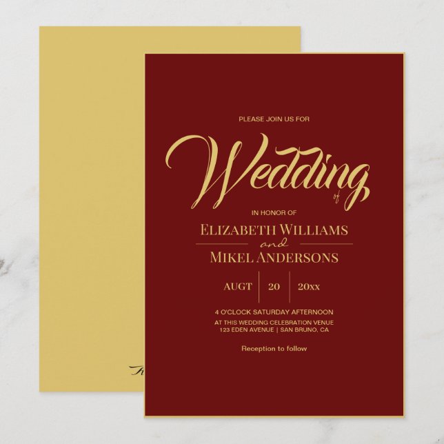 Elegant Gold Burgundy Budget Wedding Invitation (Front/Back)