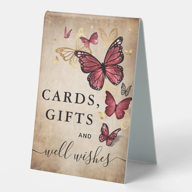 Elegant Gold Burgundy Butterfly Cards and Gifts Table Tent (Front)