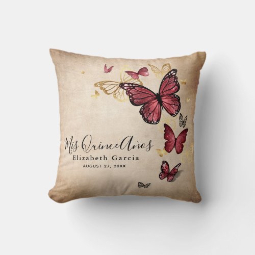 Elegant Gold Burgundy Butterfly Mis Quince Anos Throw Pillow