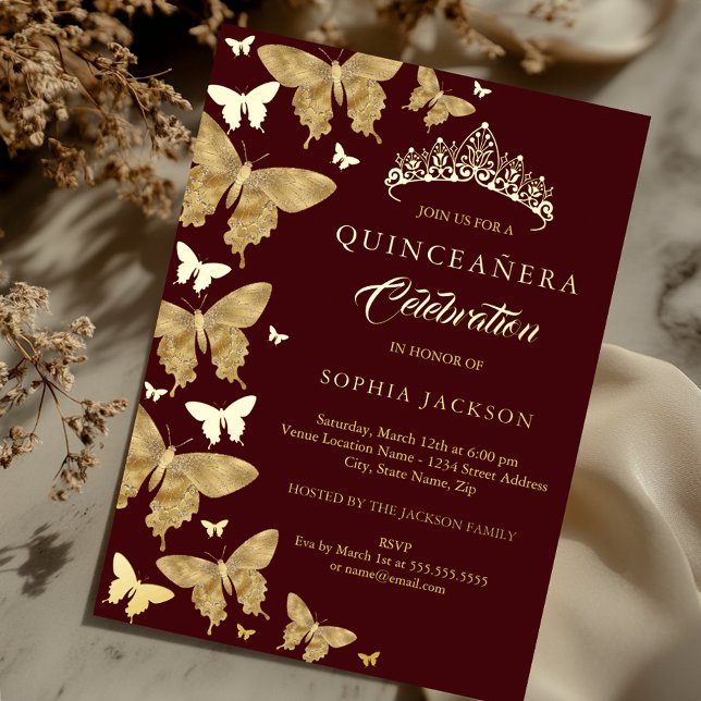 Elegant Gold Burgundy Butterfly Quinceanera Foil Invitation (Creator Uploaded)