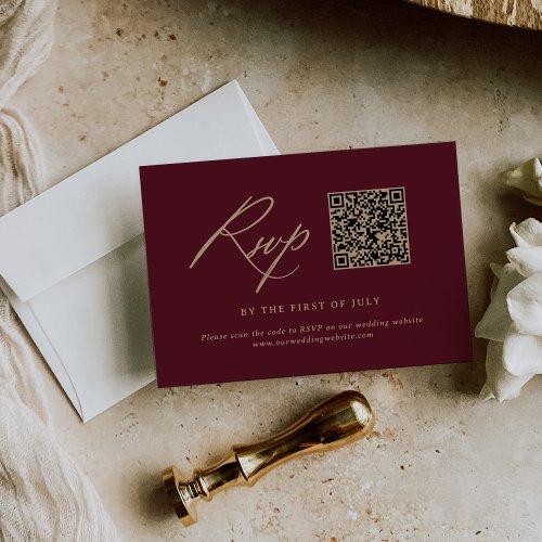 Elegant Gold Burgundy Calligraphy Wedding QR code RSVP Card