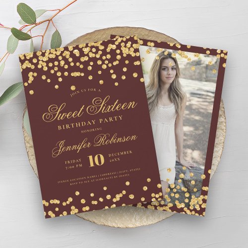 Elegant Gold Burgundy Confetti Photo Sweet 16   Invitation