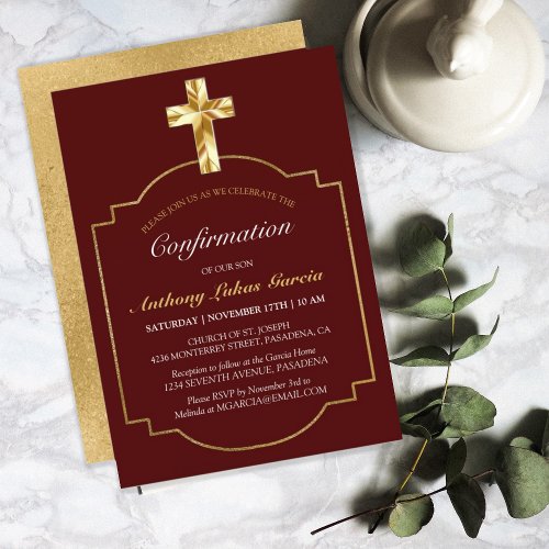 Elegant Gold Burgundy Cross Boys Confirmation  Invitation