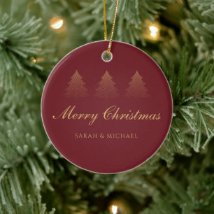 Elegant Gold Burgundy Custom Christmas Keepsake Ceramic Ornament