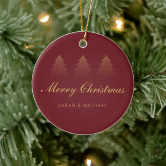 Elegant Gold Burgundy Custom Christmas Keepsake Ceramic Ornament