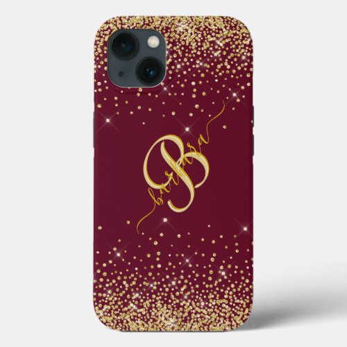 Elegant Gold Burgundy Custom Monogram Name iPhone 13 Case