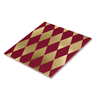 Elegant Gold Burgundy Diamond Pattern Ceramic Tile