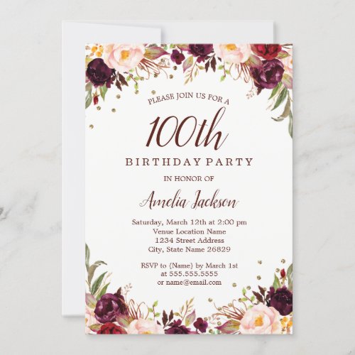 Elegant Gold Burgundy Floral 100th Birthday Party Invitation