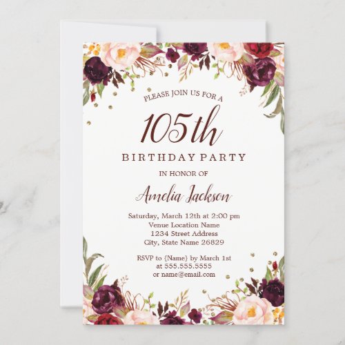 Elegant Gold Burgundy Floral 105th Birthday Party Invitation