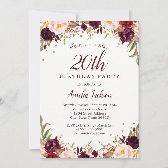 Elegant Gold Burgundy Floral 20th Birthday Party Invitation (Front)