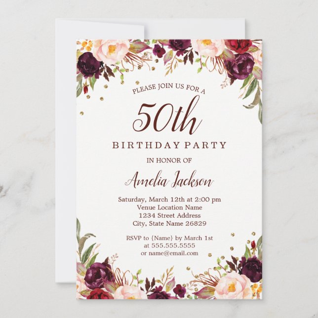 Elegant Gold Burgundy Floral 50th Birthday Party Invitation (Front)
